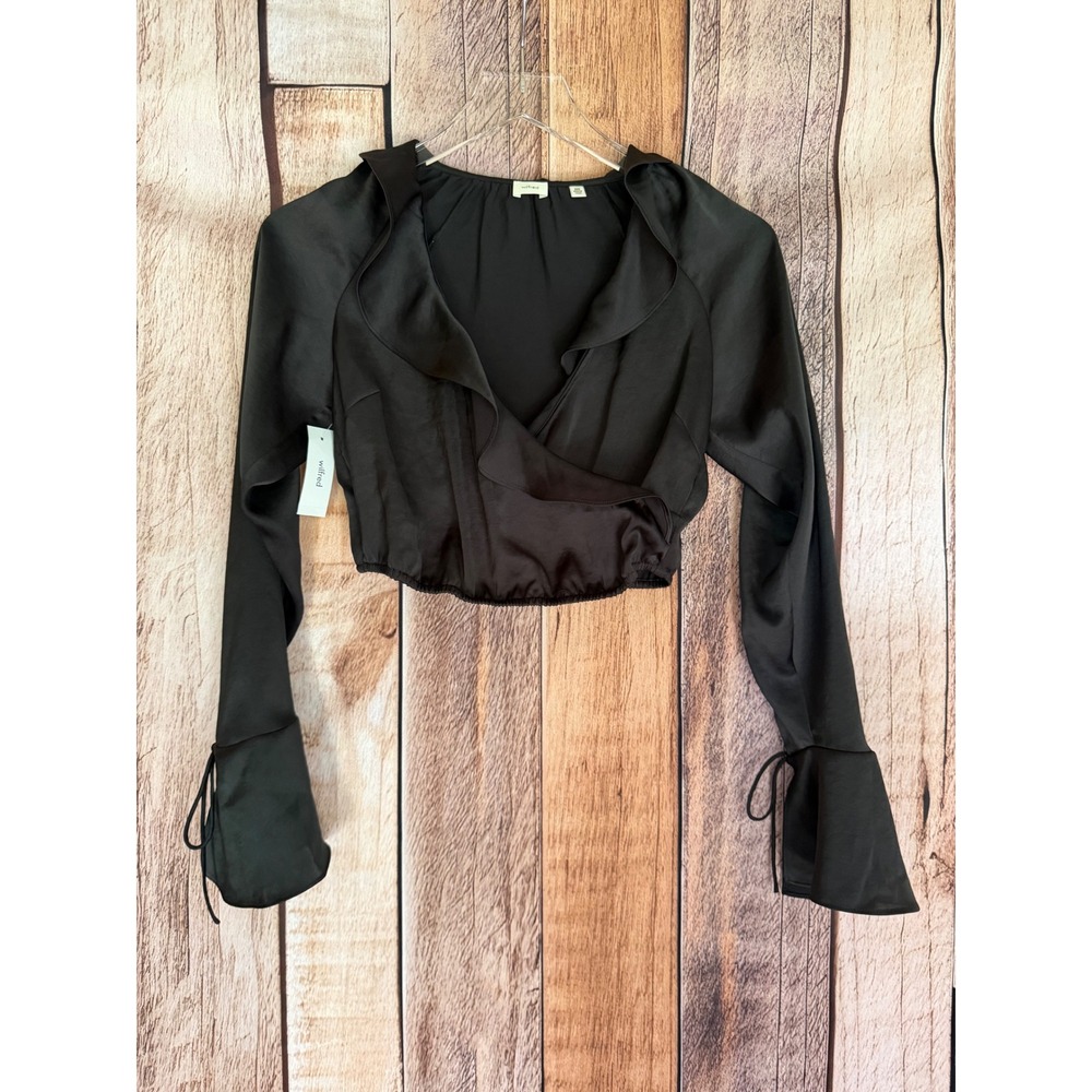 Wilfred Top Spartina‎ Satin Wrap Crop Blouse Flare Sleeve Black Ruffle XXS NWT
